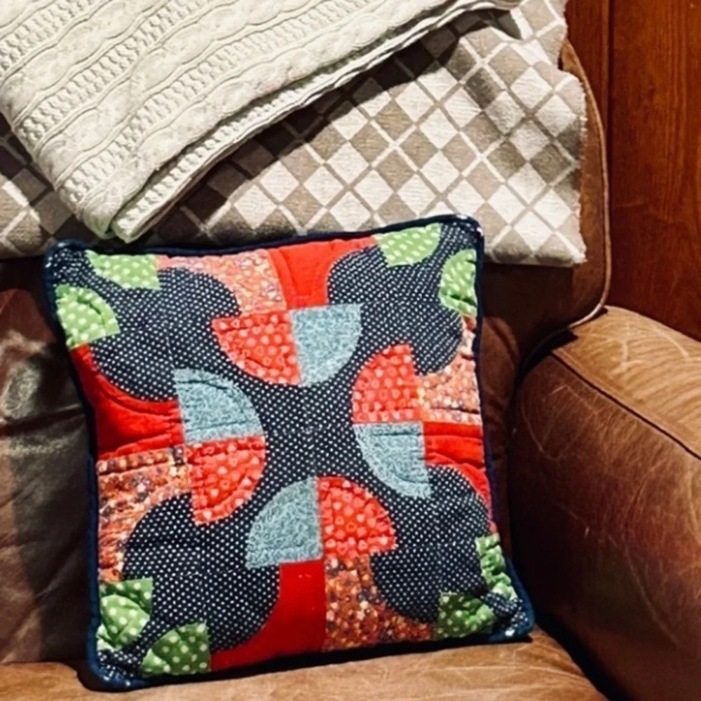 Antique Quilt Pillow 18x18 Mushroom + Polka Dots 2 Sides Blue Red Green Handmade